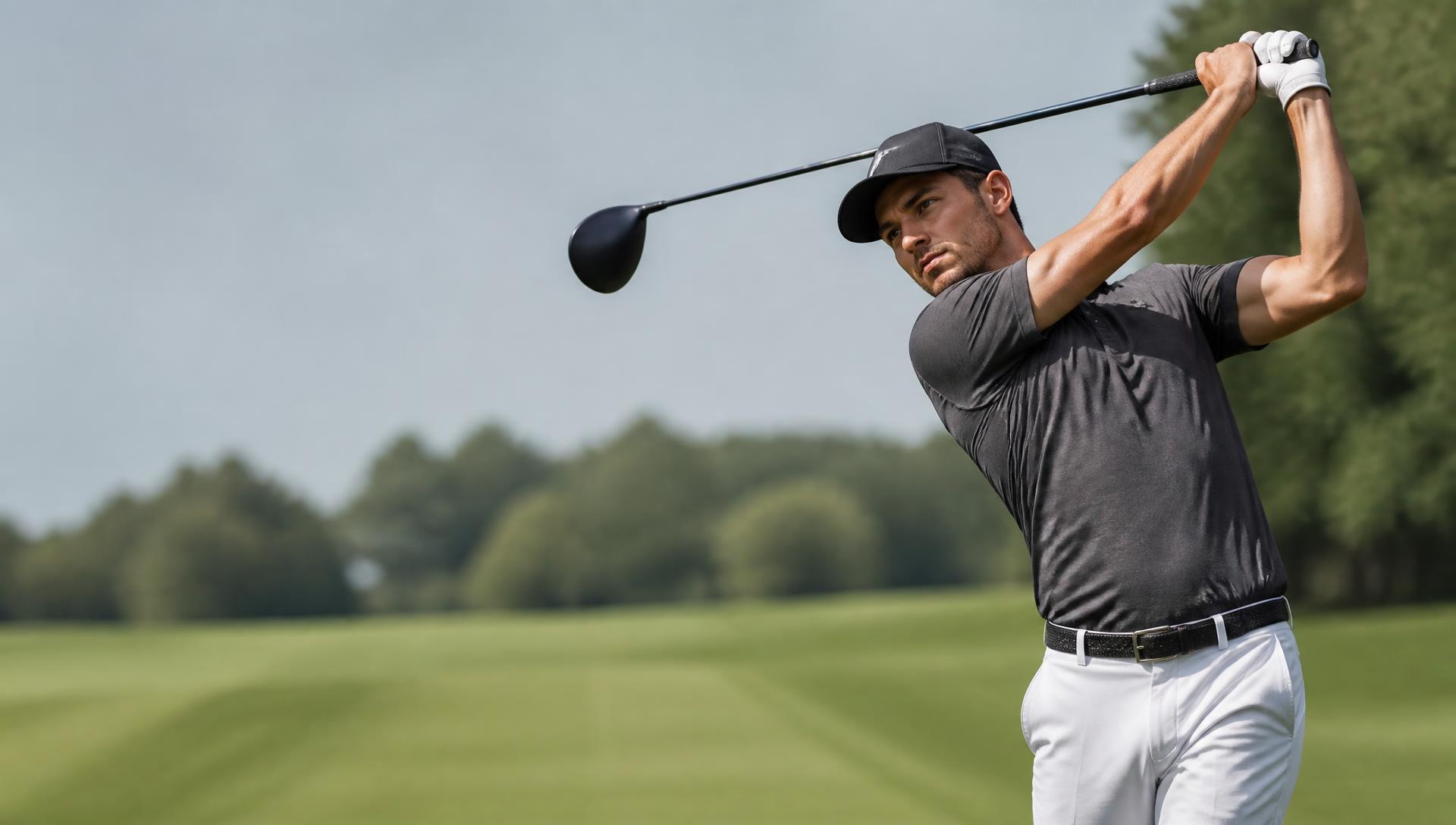 Golfer at the top of a driver swing with a matte black driver